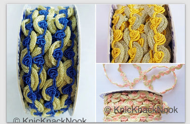Shimmering Gold And Blue / Yellow / Coral Thread Floral Lace Trim, Rose Trim, Flower Roses